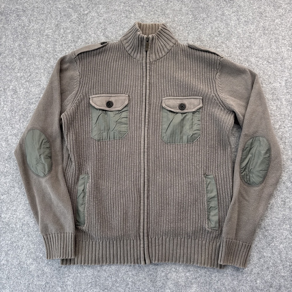 Kenneth Cole Reaction Large Men's Grey Cardigan Zip-up Pockets Elbow Patches